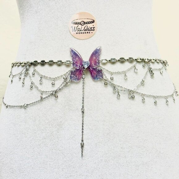 Y2k 2000s style Silver and purple butterfly waist chain belt with rhinestone - Picture 1 of 3
